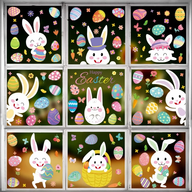 

Easter Bunny Egg Static Cling Stickers Window Glass Holiday Decor Cartoon Cute Reusable Removable Wall Decal Set