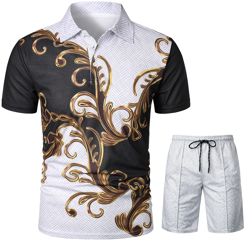 Men\'s summer fashion casual 3D printed Polo shirt lapel casual suit