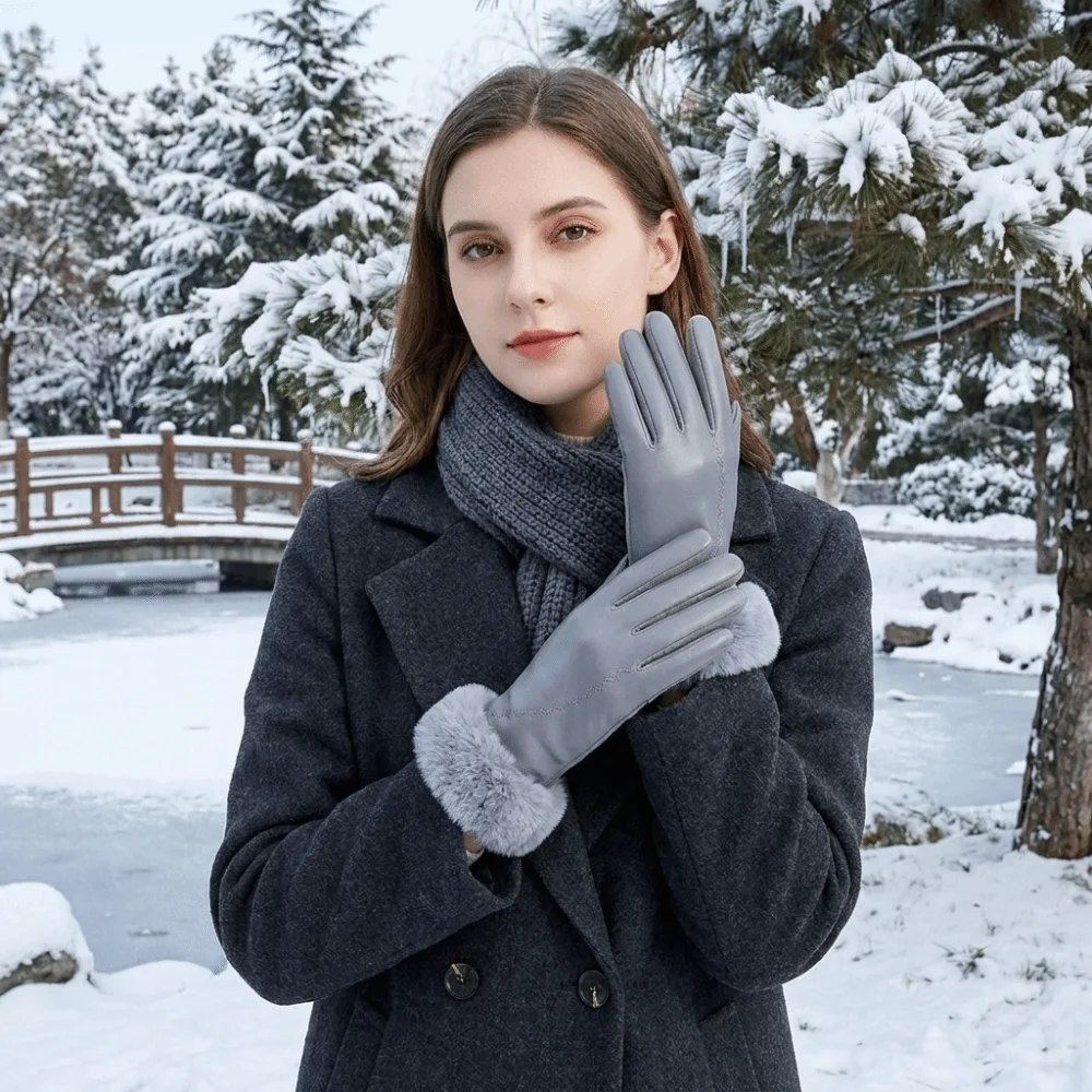 Fashion Fleece Lined Leather Gloves Fur Cuff Longer Wrist Winter Mittens Solid Color Soft Texture Touchscreen Gloves Outdoor