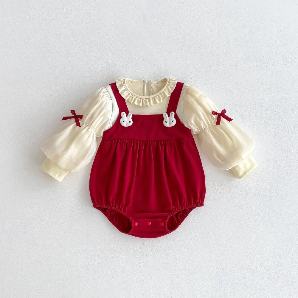 Cute Baby Girl Romper 0-2Years Newborn Princess Puff Sleeve Rabbit Bow Bodysuit Birthday Party Outfits Autumn Clothes