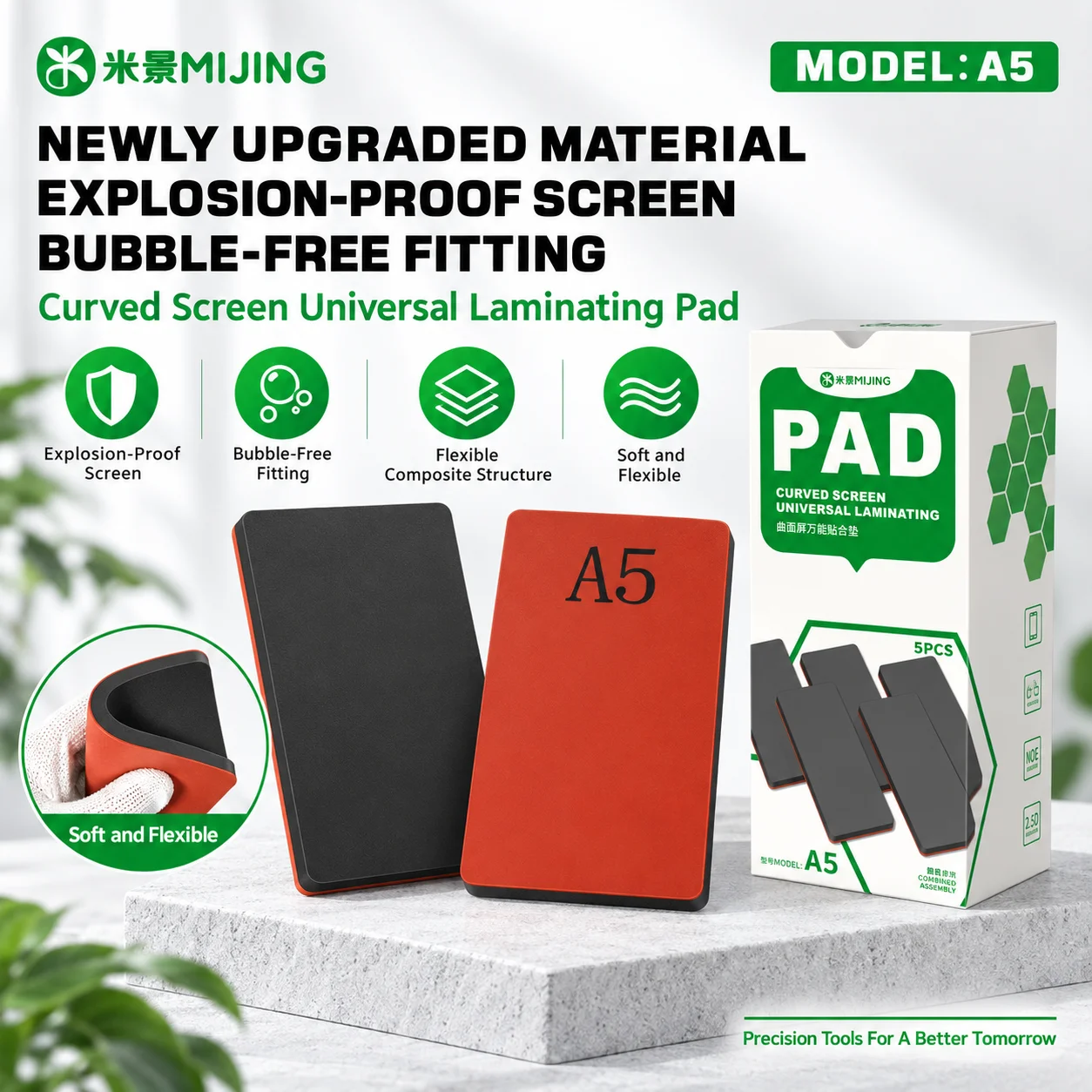 MIJING A5 Curved Screen Universal Laminating Pad Set 5Pcs  Universal Bubble-Removal Laminating Pad for Curved Phone Screens Tool