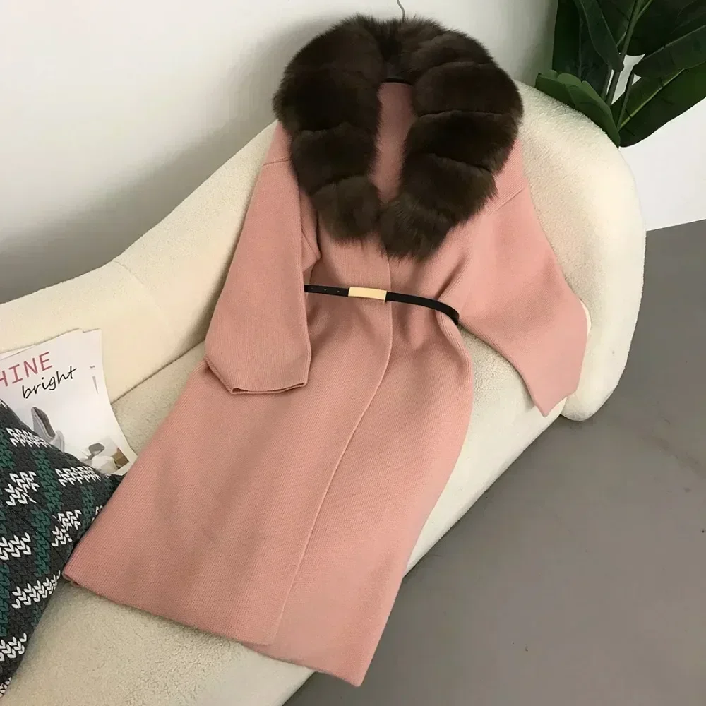 2024 Natural Fox Fur Collar Jacket Spring Autumn Real Sweater Fur Coat Women Belt Long Loose Thick Warm Outerwear Knitting Coat