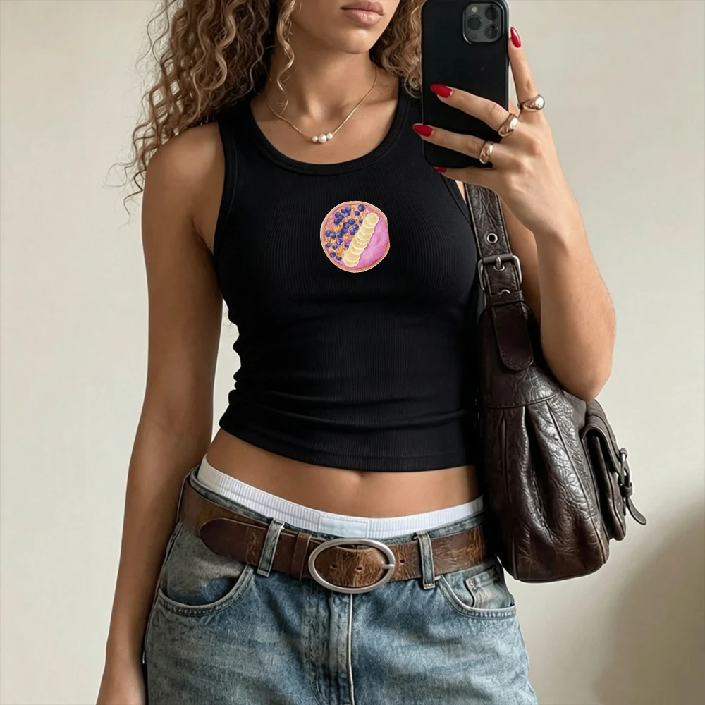 VRound Pink Frame Cookie with Blueberry Print Y2K Camisole Ribbed Tank Tops Bodycon Crop Top Sleeveless Cropped Tank Cami Vest