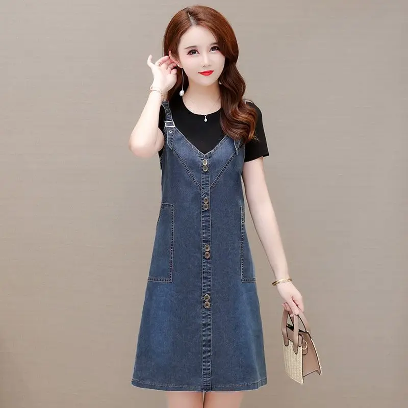 

Suspenders Denim Overalls Dress Women Summer New Fashion Fake Two Pieces Casual Short-Sleeved Dresses Elegant Splicing Vestido