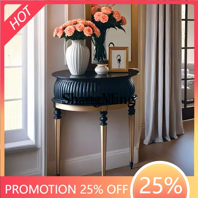 

SM solid wood entrance cabinet semi-round table black medieval entrance entranc living room side table decoration