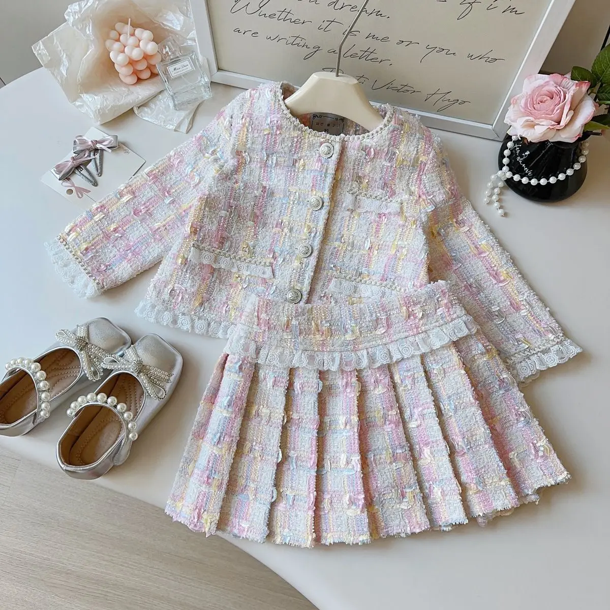 

New Autumn Children Girls 2PCS Clothes Set Cotton Colorful Kids Girls Princess Cardigan Suits Loose Lace Spliced Pleated Skirts