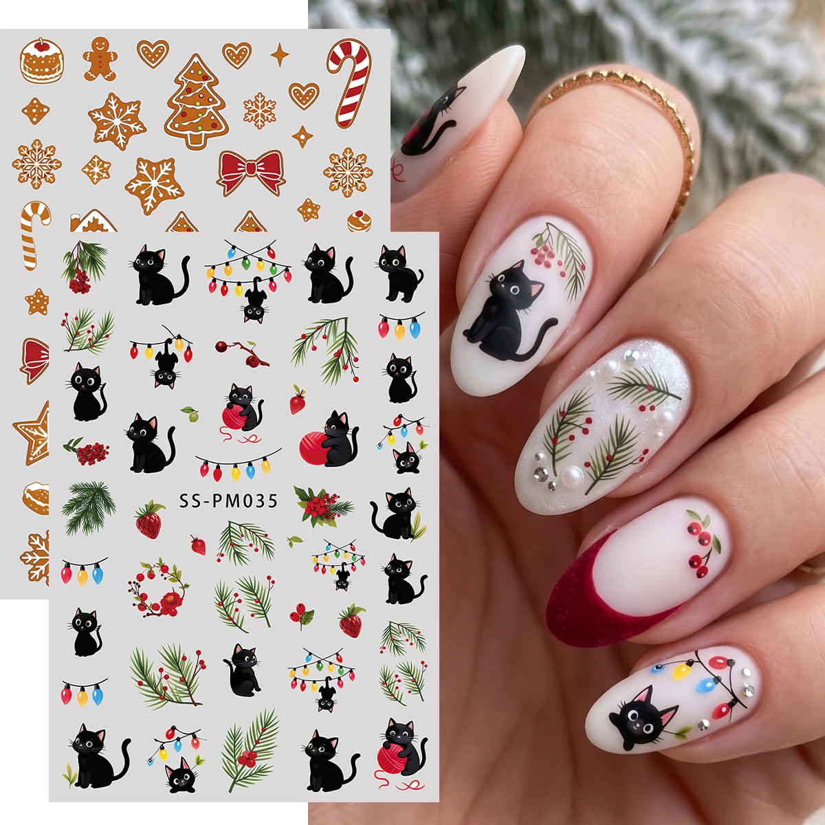2 sheets of Christmas Lovely Nail Art Stickers 3D Gingerbread Man Black Cat Cute Cartoon Image Nail Decals Festive Nail Decors