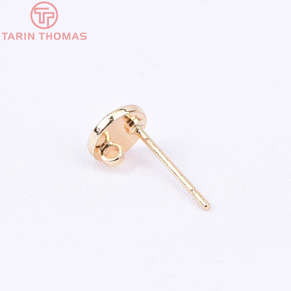 (2198) 10PCS 6x6MM 24K Gold Color Brass With Hooks Hole Round Stud Earrings Pins High Quality Jewellery Accessories