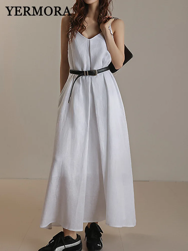 

YERMORA Women White Linen Brief Big Hem Casual Dress V-neck Sleeveless Loose New Sundress Fashion Tide Spring Summer 2025