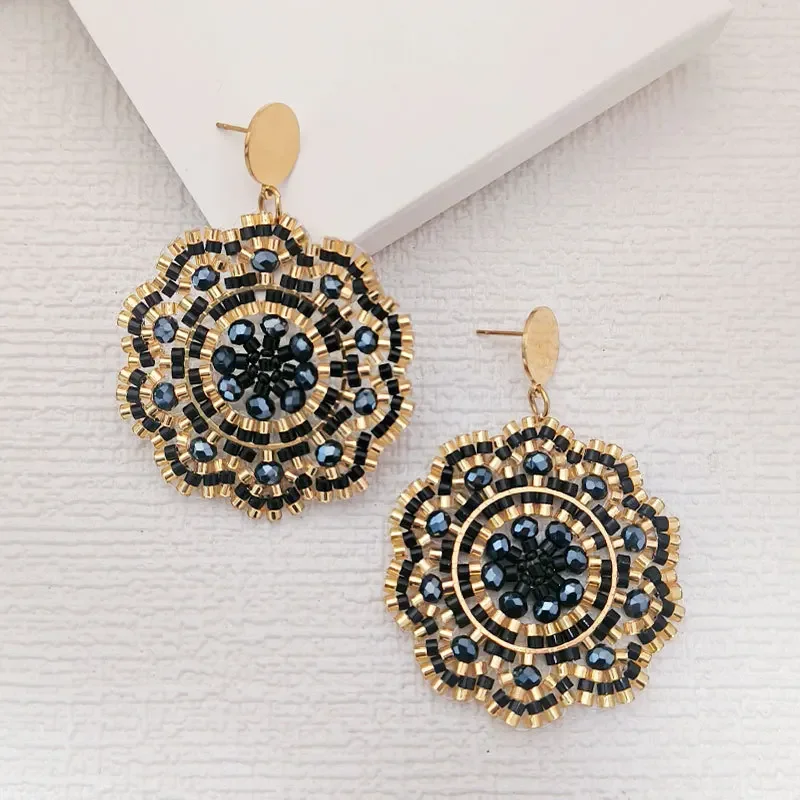 Beaded earrings Crystal Flowers Hand knitting Originality Design Bohemia Alloy Retro Tide Simple Female Rice bead earrings