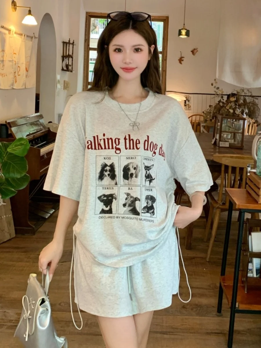 

plus Size Summer Korean Style round Neck Drawstring Short Sleeve T-Shirt Half Skirt Lazy Style Slimming Set Women's Fashion