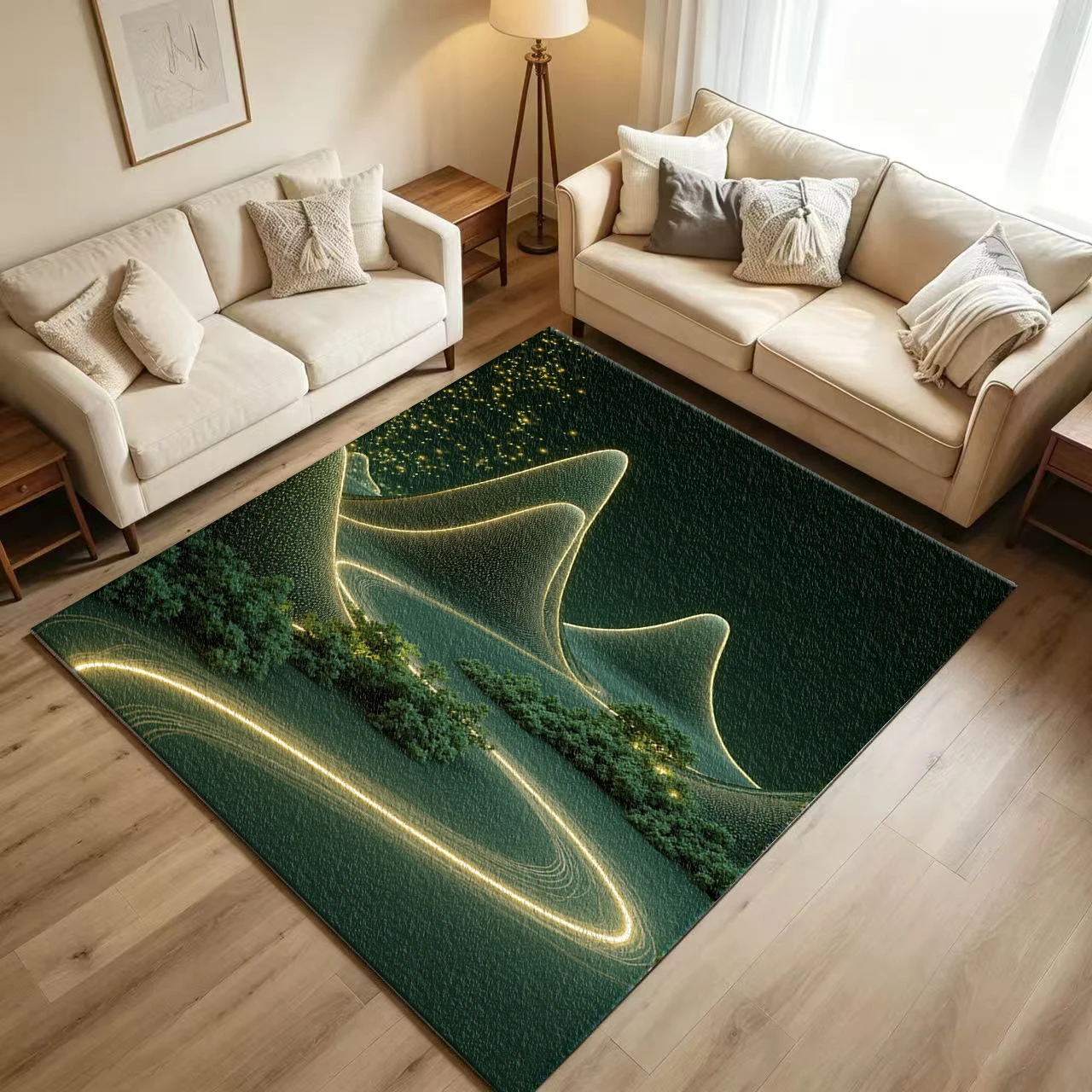 Modern Abstract Glowing Mountain Carpet Flooring Dark Green Tone Golden Light Line Landscape Printed Floor Rug for Household Home Decoration
