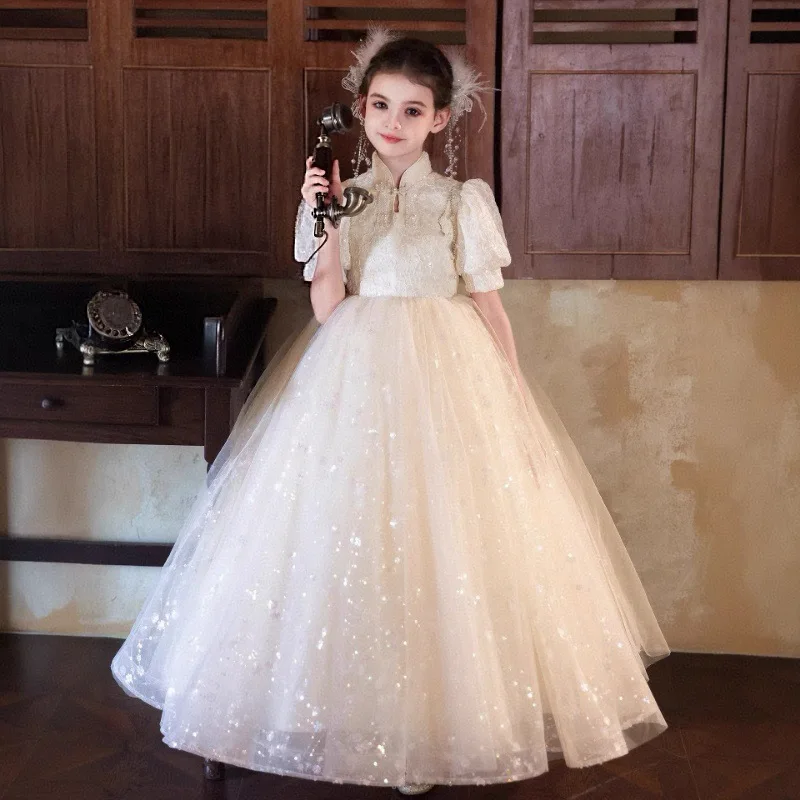 New Children Chinese Style Vintage Evening Dress Sequin Tulle Girls Host Piano Performance Kids Birthday Princess Gown Costume