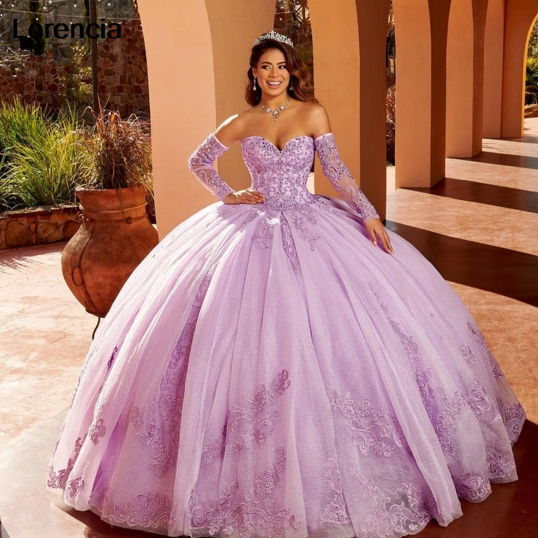 فستان Quinceanera لامع مخصص أرجواني Quinceanera فستان حفلة بأكمام طويلة مزين بالدانتيل مشد مطرز حلو 16 Vestidos De 15 Años YQD832