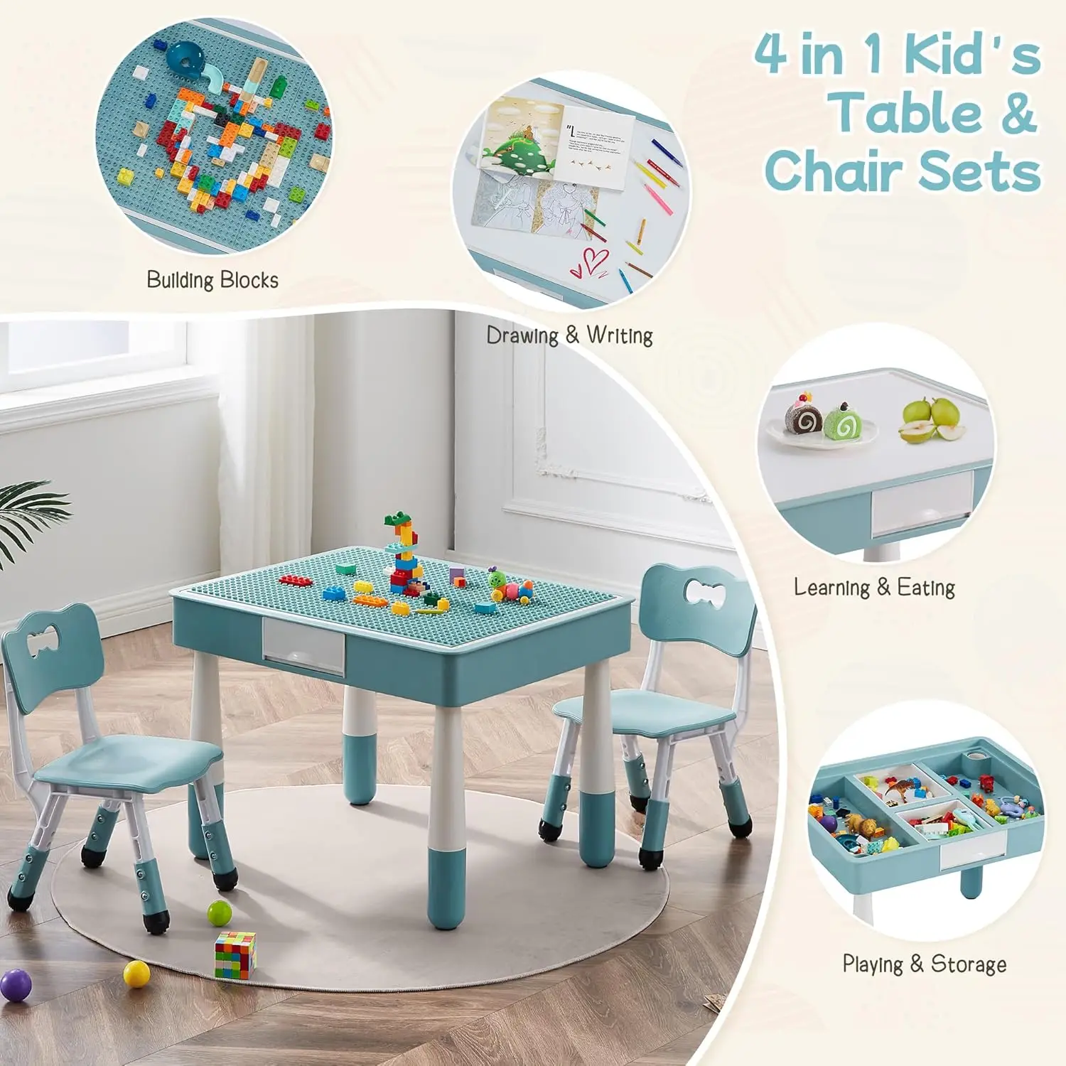 Conjunto de mesa infantil 4 em 1 e 2 cadeiras, conjunto de mesa e cadeira para crianças de 3 a 10 anos, mesa de atividades para blocos de construção/desenho/R