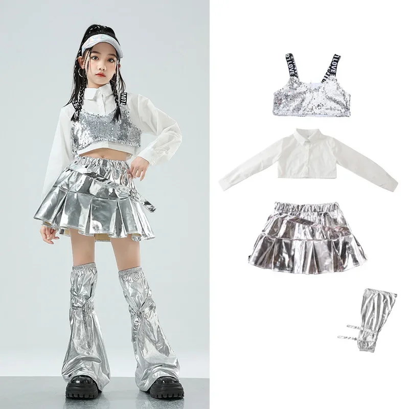 Meisjes Hip Hop Sets K-pop Sequin Crop Top Shirt Street Dance Zilveren Rokken Kinderen Streetwear Kind Jazz Kostuum meisje Groep Kleding
