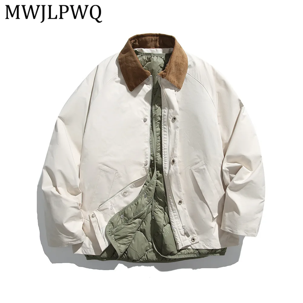 

MWJLPWQ Men's Detachable Inner Liner Turn Down Collar Four Season Cotton Single Breasted High Street Jacket Two Piece Set 13662