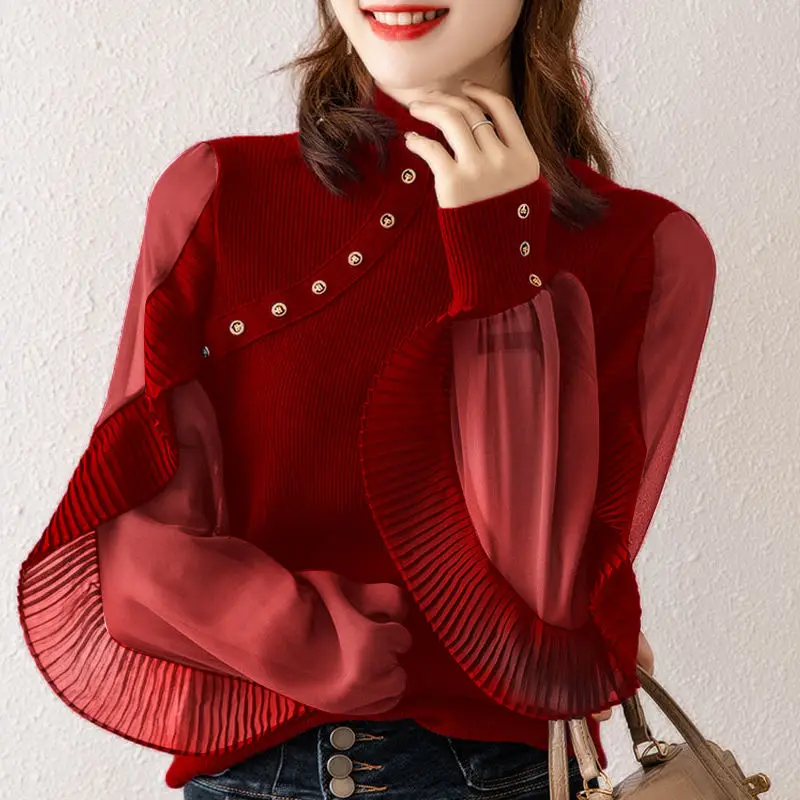 Fashion Ruffles Spliced Knit Blouse Women\'s Clothing 2022 Spring New Streetwear Casual Button Long Lantern Sleeve Shirt Female