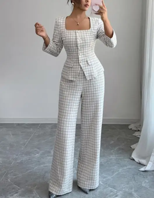 

Two Piece Set Women Outfit 2025 Spring Autumn Elegant Plaid Square Neck Long Sleeved Shirt & High Waist Wide Leg Long Pants Set