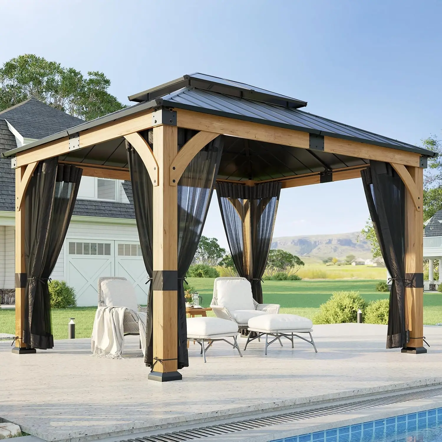 

10x12ft Cedar Wood Gazebo Translucent Galvanized Steel Double Roof Mosquito Net Heavy Duty Patio Lawn Garden, Custom