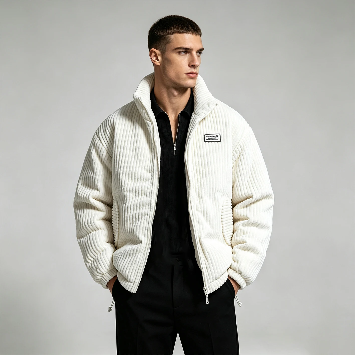 2026 Winter Men Corduroy Stand Collar Puffer Jacket Solid Color Warm Thick Zip Up Casual Outerwear