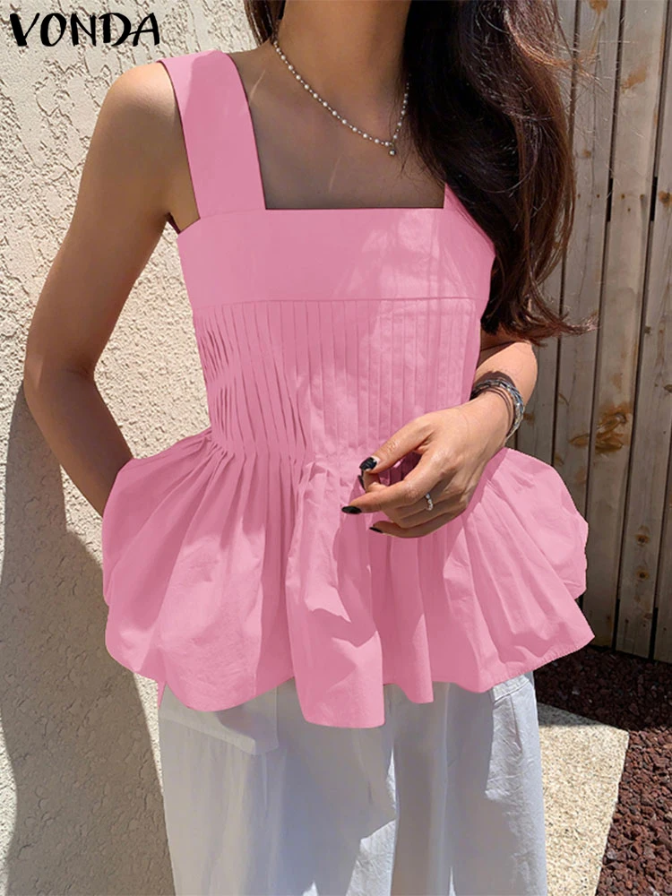 

VONDA Summer Tank Tops 2025 Women Sleeveless Solid Color Tees Fashion Pleated Sexy Tanks Casual Square Collar Ruffled Tunic