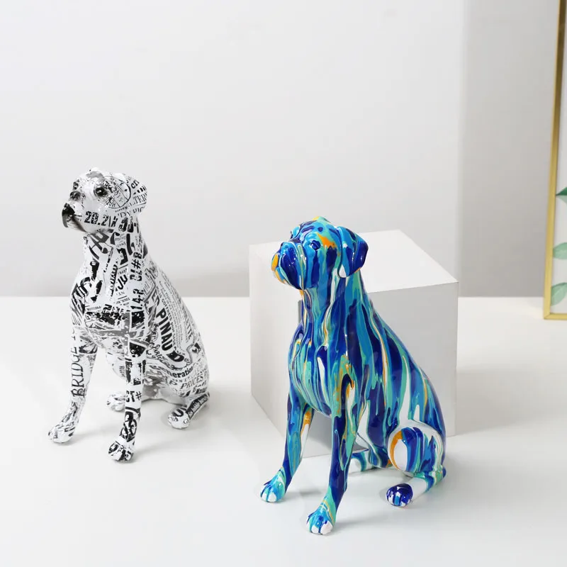 Creative Art Splash Color Painted  Room Color Boxer  Dog Statue Decorations Home Entrance Wine Cabinet Office Decor Resin Crafts