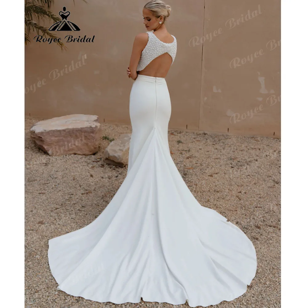 Boat Neck Fully Pearl Mermaid Wedding Dress Be Crop Top Cutout Back Satin 2 Piece Separates Flared Train Bridal Gown Customized