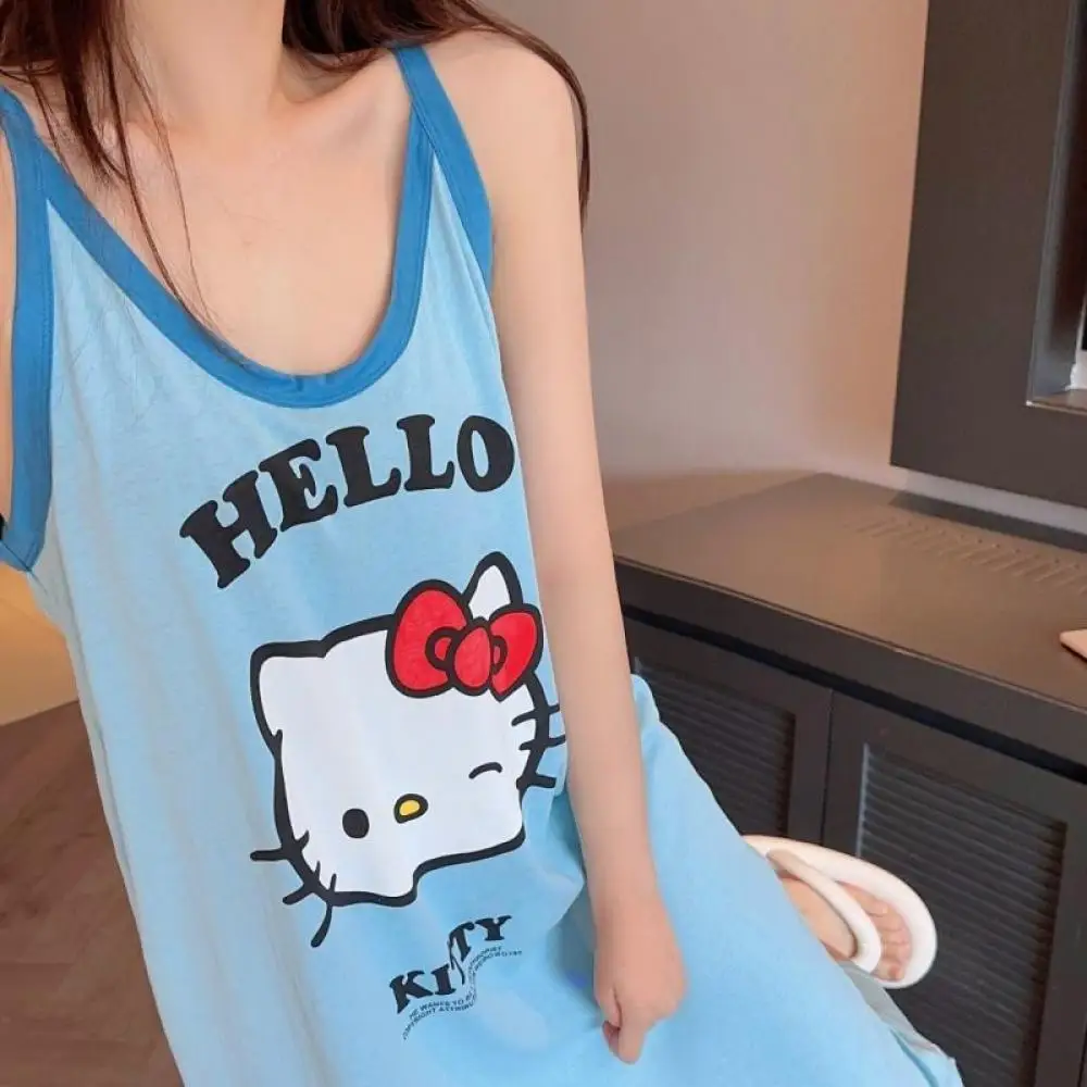 Nieuwe Nachtrok Cartoon Hello Kitty Gedrukt Jarretel Nachtjapon Sanrio Anime Lange Dames Zomer Losse Casual Dunne Huiskleding