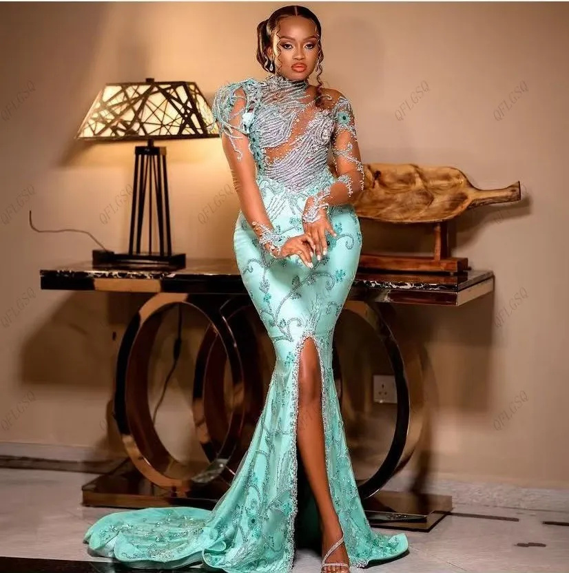 Aso Ebi Vestidos de fiesta con adornos completos Azul aguamarina Vestido de invitados de boda africano de manga larga Cuentas Sirena Vestidos formales Ilusiones