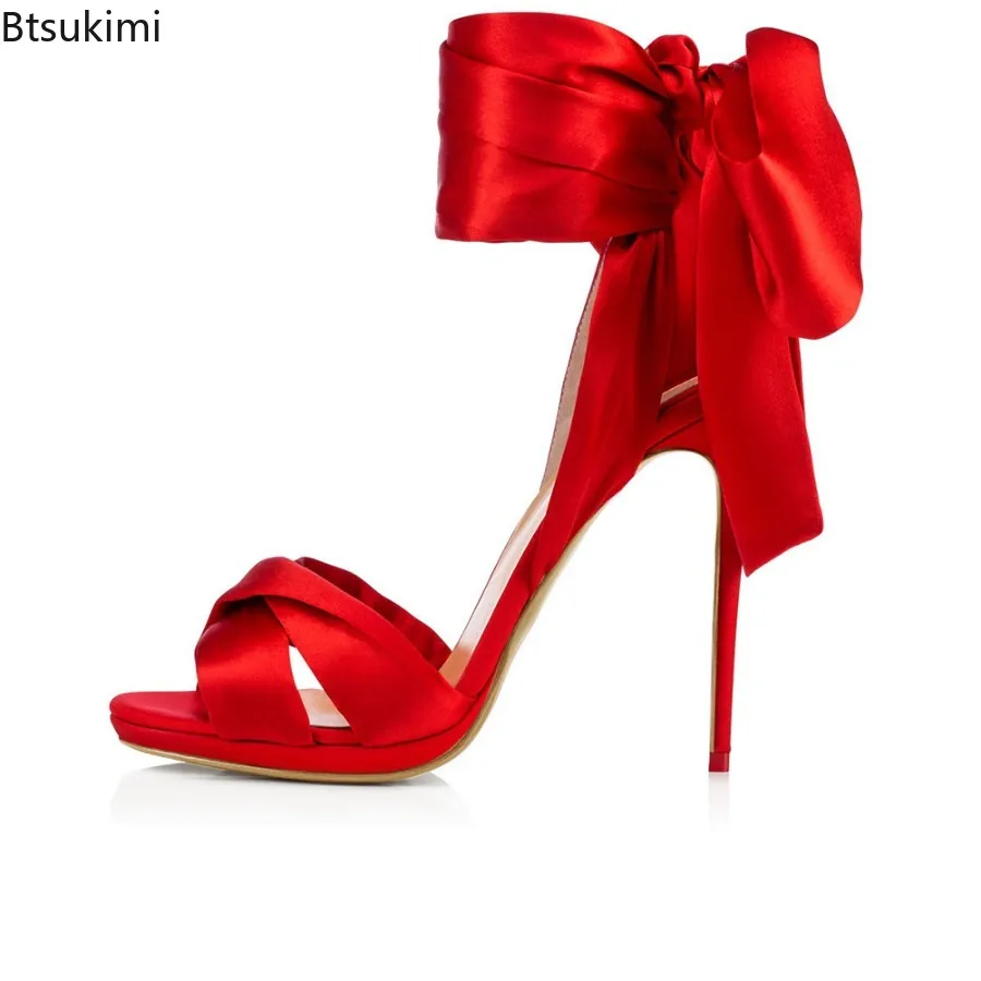 2025 Women's Summer Satin Bow Cross-band Sexy Open-toe Sandals Black Red Thin High-heeled Banquet Dress Fashion Ladies Sandals