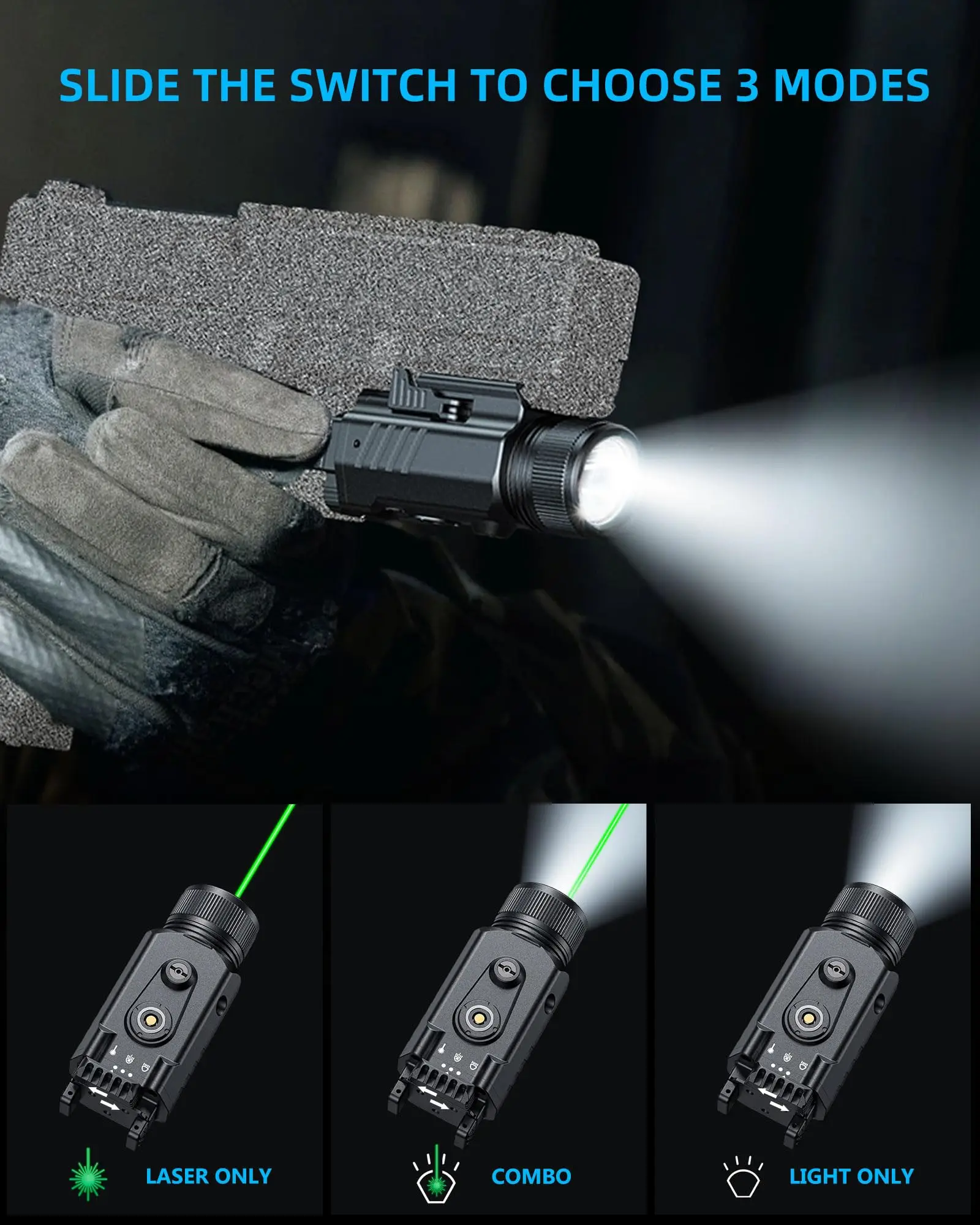 

EZshoot 2000 Lumen Pistol Flashlight Compact Green Laser Beam LED Light Combo Rechargeable for 21mm Picatinny Rail for Hunting