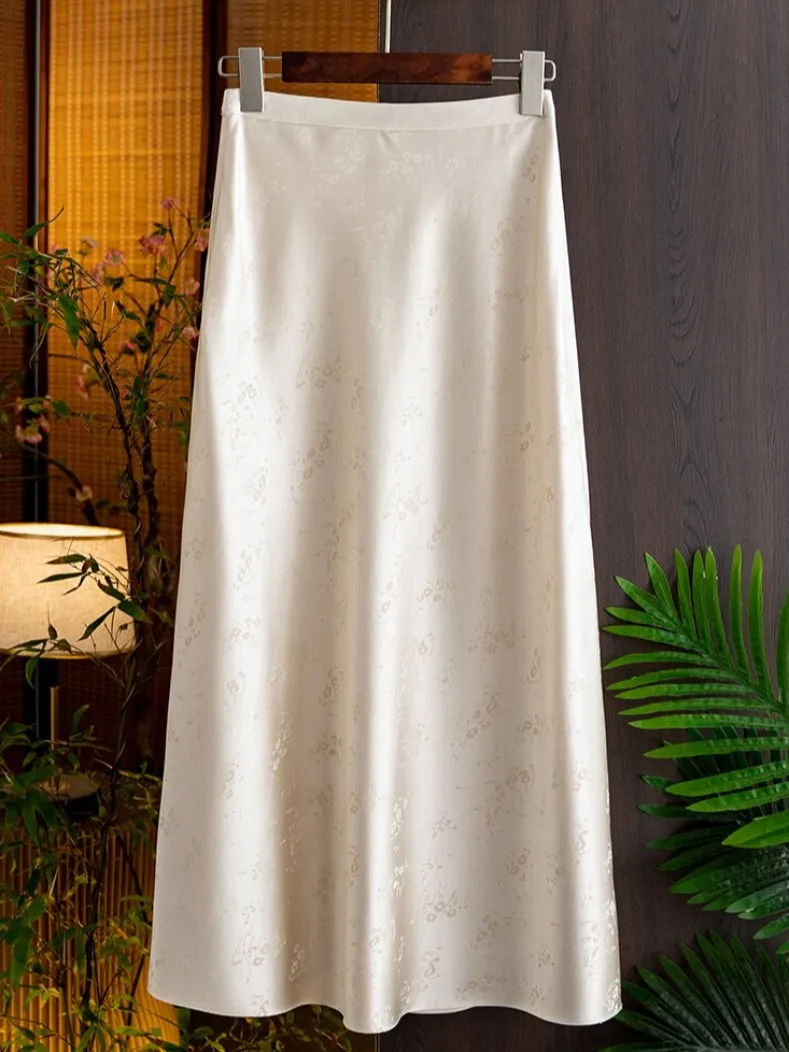 New Chinese Style National Trend Embroidered Acetate Satin A-Line Skirt Women's Spring High-End Sensation Slim Side Slit