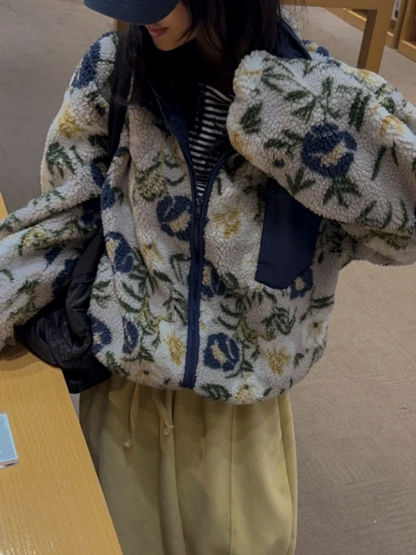 レトロスタンドカラージッパーアンチエイジングラムファーフローラルパッチワークコート女性用冬新作ゆったり暖かいコート