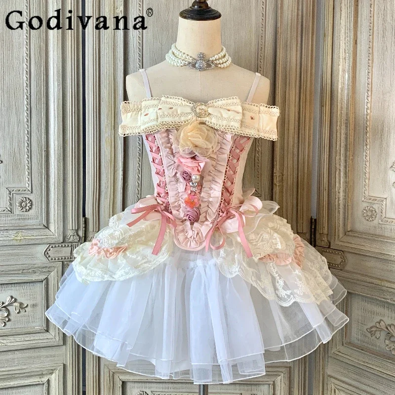 IMU Sweet Princess Lolita Short Tank Tops + Skirt Outfit Female Sweet Cute Bow Lace Fairy Fishbone Corset Skirt Two-piece Set Ne
