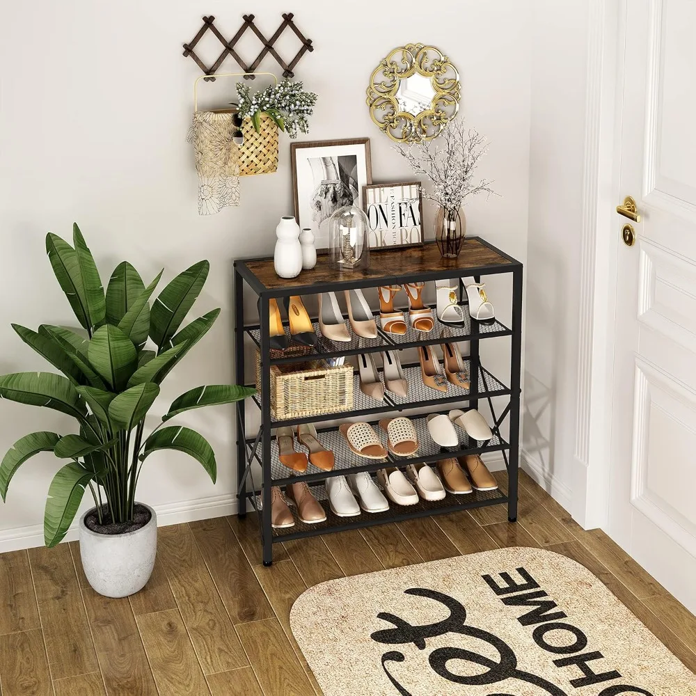 

5 Tier Shoe Rack Organizer for 16-20 Pairs of Shoes, for Front Door Entrance, Metal Shoe Shelf for Closet,Brown & Black