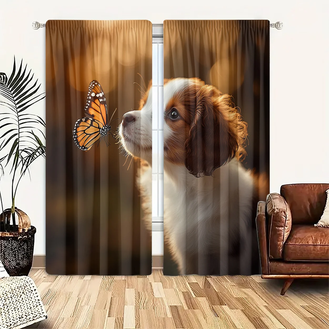 Cute Spaniel Dog Butterfly Theme Curtain 2 Panels Soft Blur Warm Light Dark Brown Base Living Room Realistic Animal Home Decor