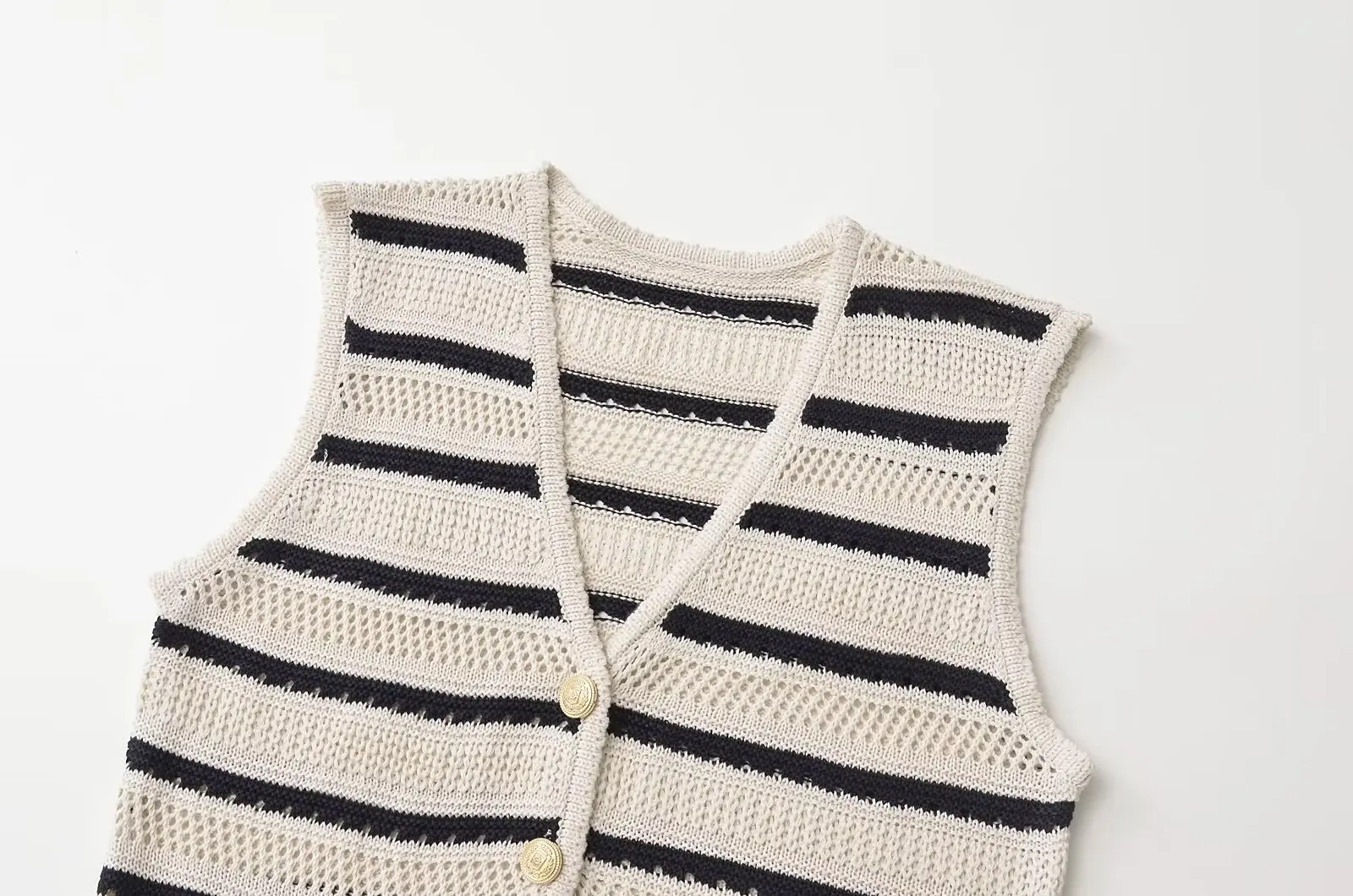 Tangada 2024 Summer Women Striped Hollow Knitted Sweater Jumper Sleeveless Cropped Cardigan AI085