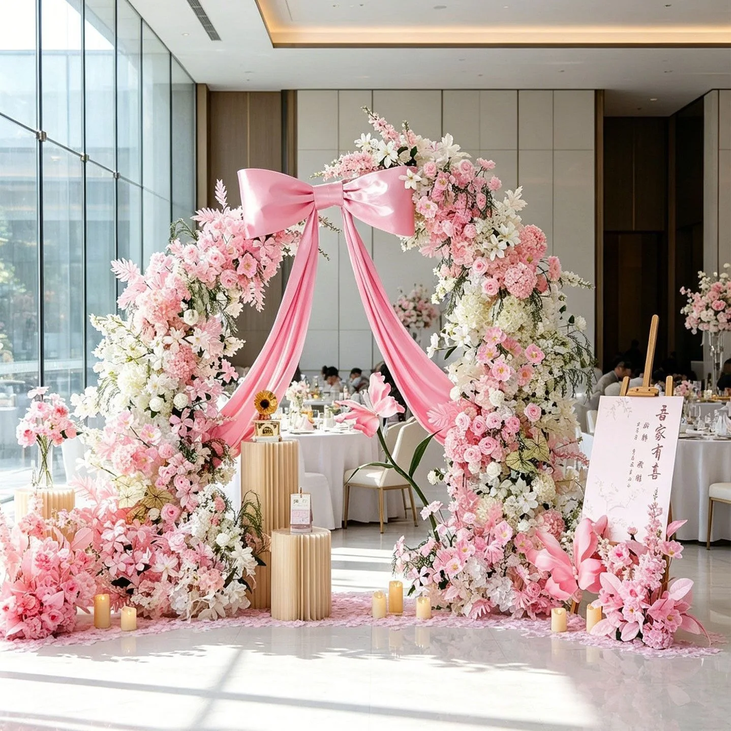 Arch wedding decoration scene high-end romantic pink floral arrangement background props full of engagement
