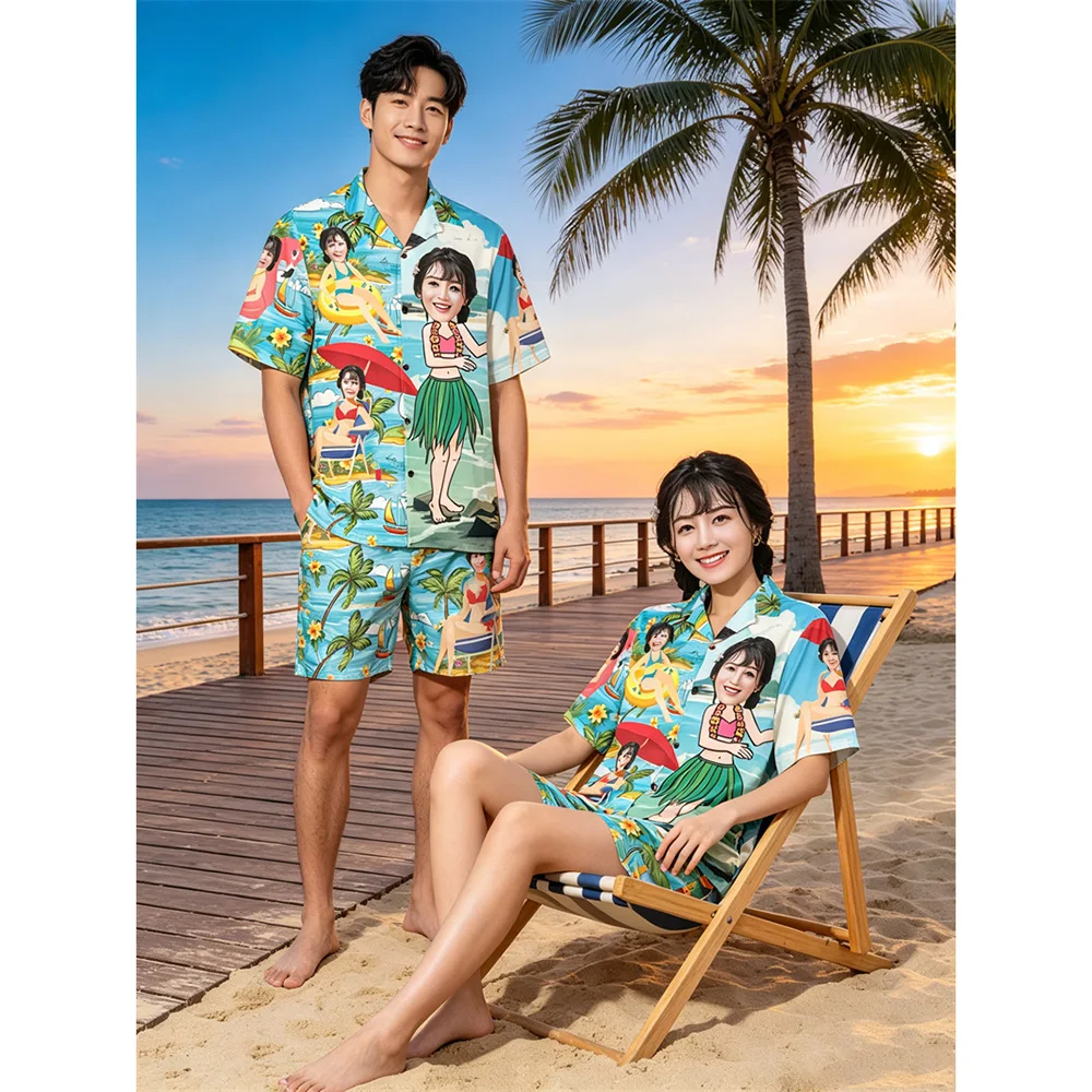 Custom Face Print Men Women Hawaiian Shirt Personalized Photo Beach Scene Turn Down Collar Short Sleeve Summer Vacation Party