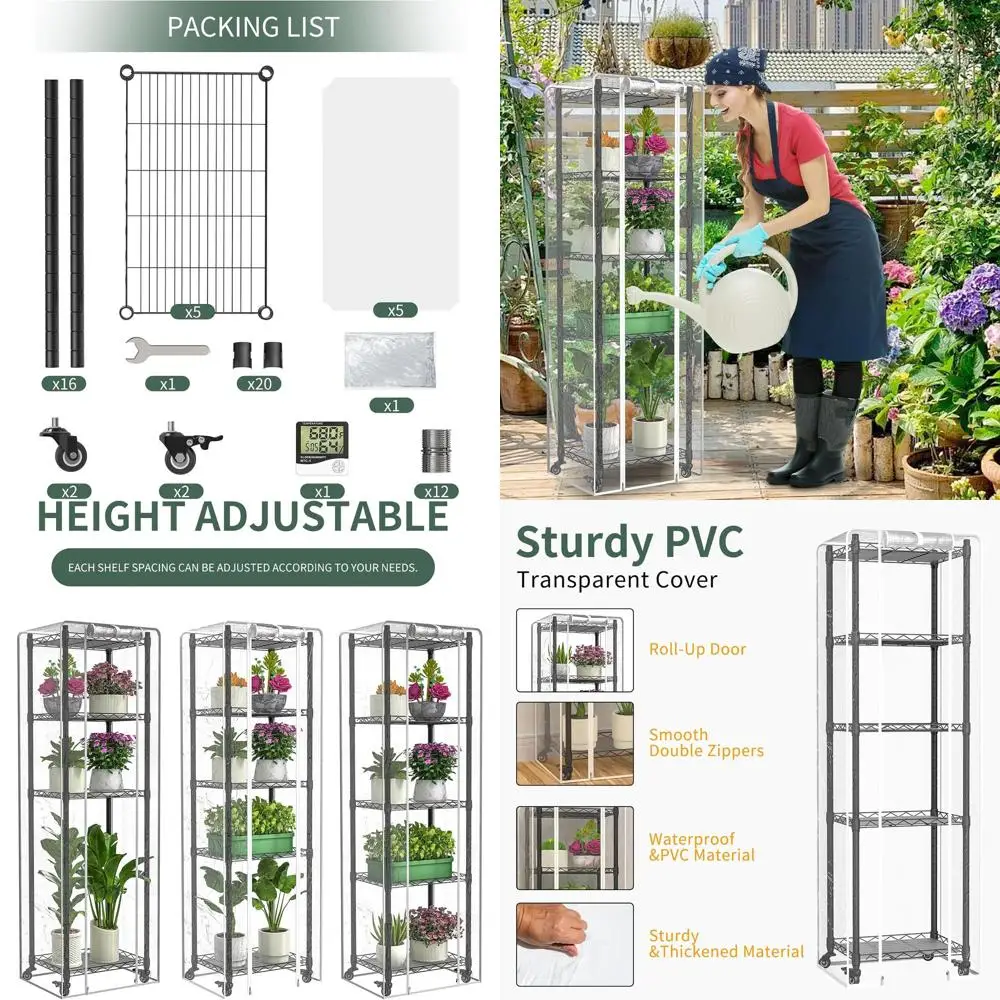 

Портативная 5-ярусная теплица, 15.7Д x 11.8Ш x 62.3В, прозрачное ПВХ-покрытие, металлические полки, идеально подходит для выращивания растений, рассады, с колесиками