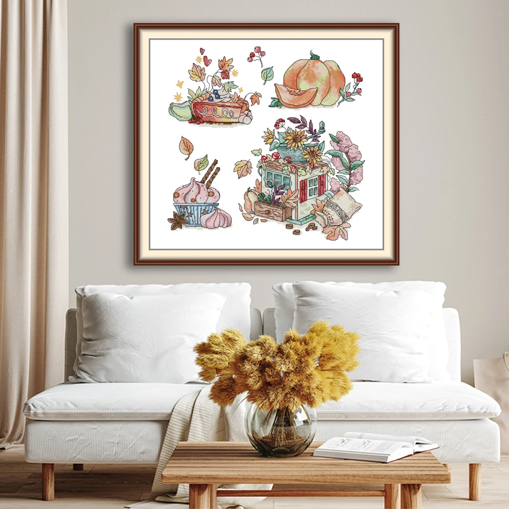 

Autumn Delicacies HD Pattern Counted Printed Fabric Canva Aida 16/14/11CT DIY Embroidery Kit Joy Sunday Cross Stitch Kit Adults
