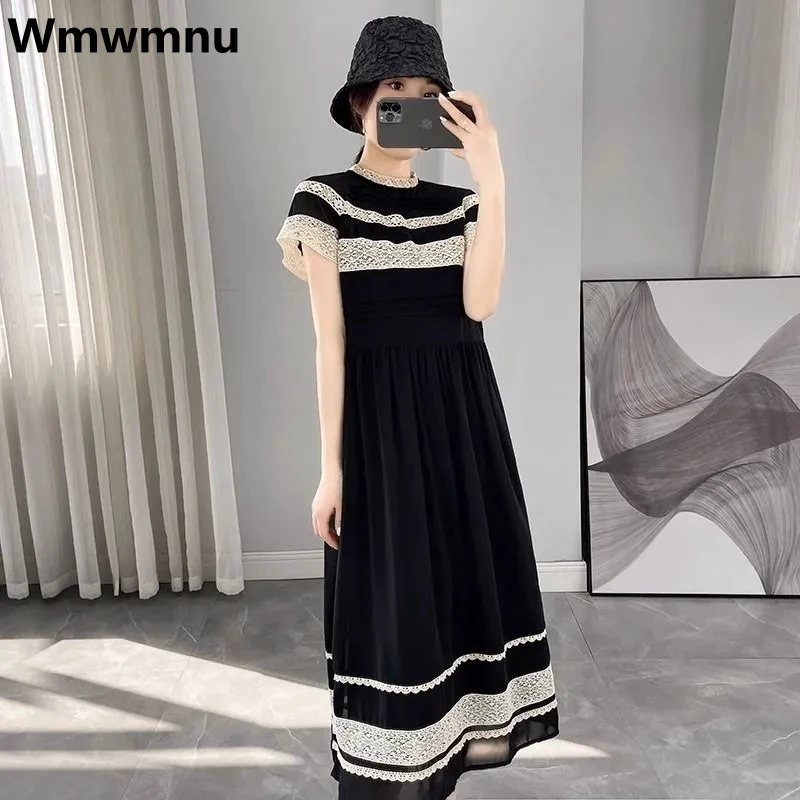 

Black Spliced Designer Thin Knitted Dress Loose Short Sleeve Vestidos Summer Casual Midi Kleid Women O-neck Elegant Dresses