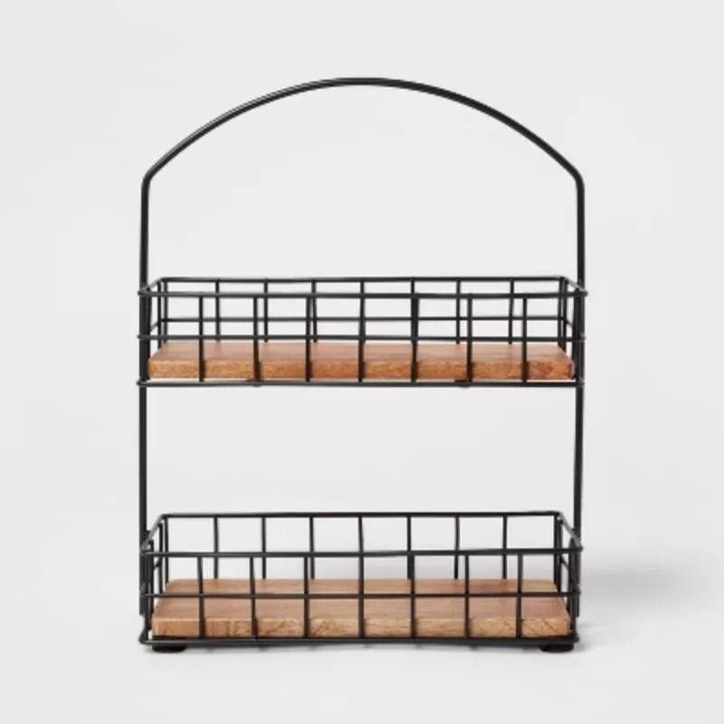 

Iron and Mango Wood Double Layer Wire Spice Rack (Black) - Spice Storage Rack, Freestanding Kitchen Rack