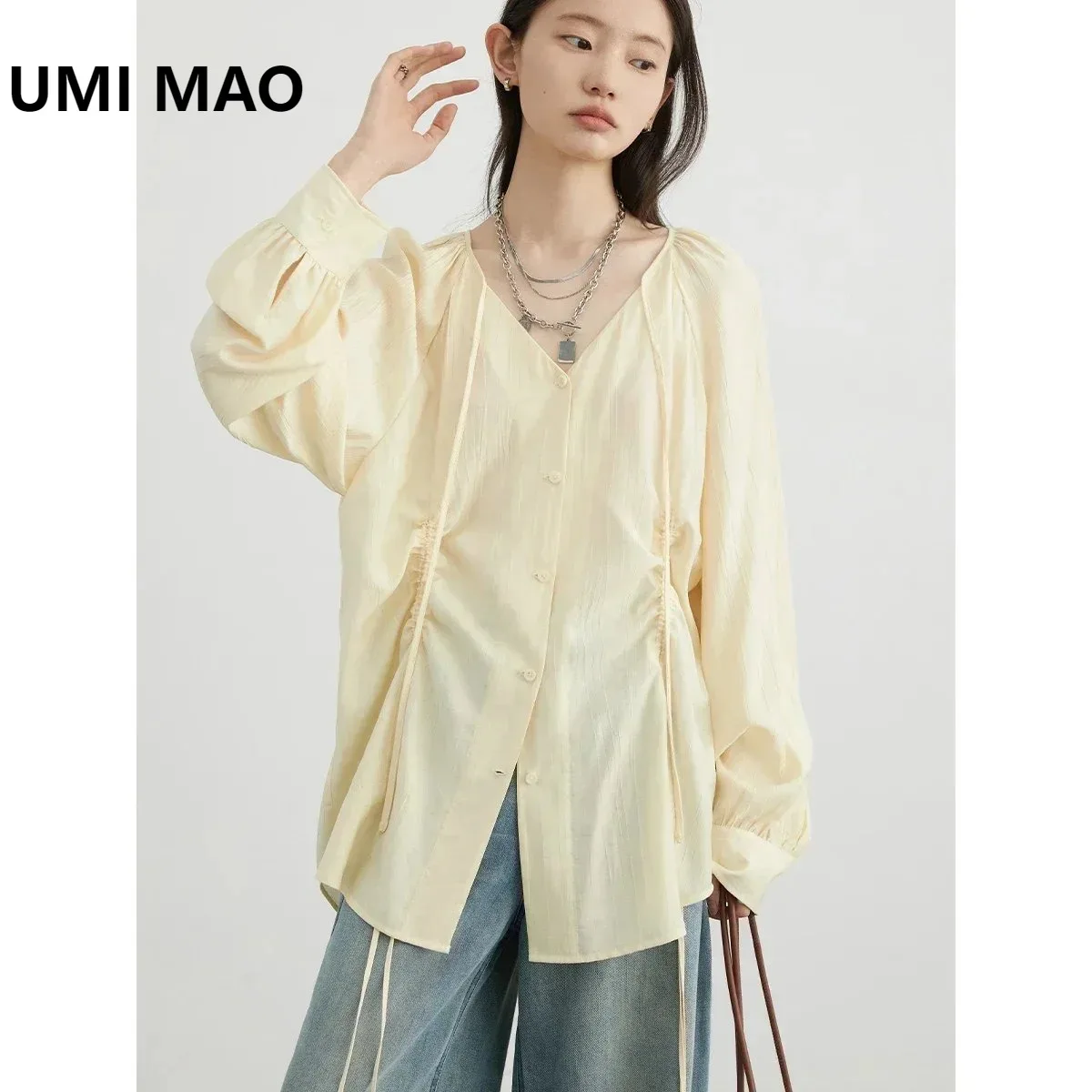 

UMI MAO Women Loose Lace Up Shirt Solid New Korean V-neck Pleated Raglan Long Sleeve Blouses Female Tops Spring Summer