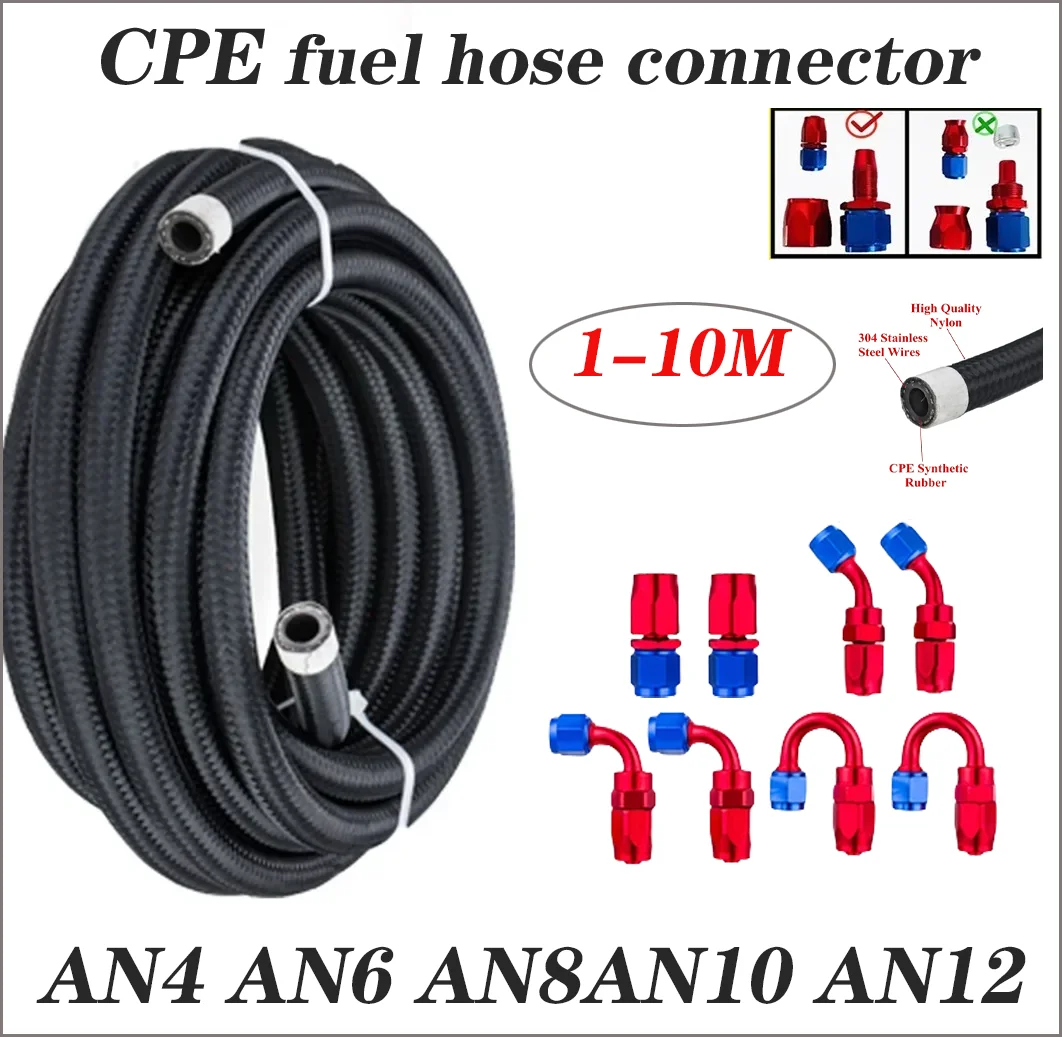 AN4 AN6 AN8 AN10 AN12 Oil Fuel Fittings Hose End 0+45+90+180 Degree Oil Adaptor Kit Braided Oil Fuel Hose Line1-10M Black