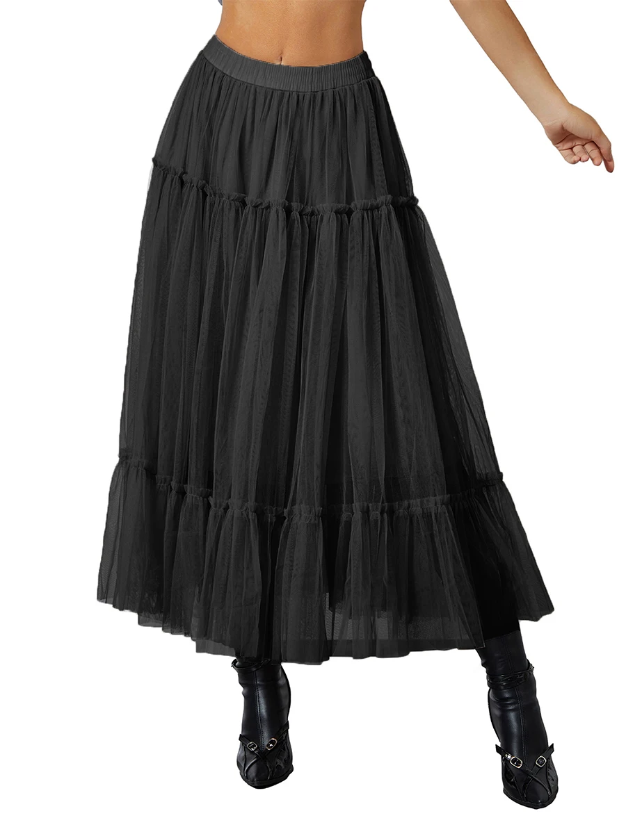 

Women s Tulle Midi Skirt Elastic High Waist Layered Pleated Mesh Flowy A-Line Prom Party Long Tutu Skirts