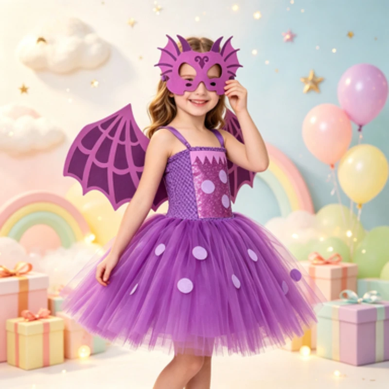 Purple Dinosaur Puffy Skirt Kids Halloween Party Outfit Girls Cute Birthday Clothes Set Children Festival Celebration Clothes