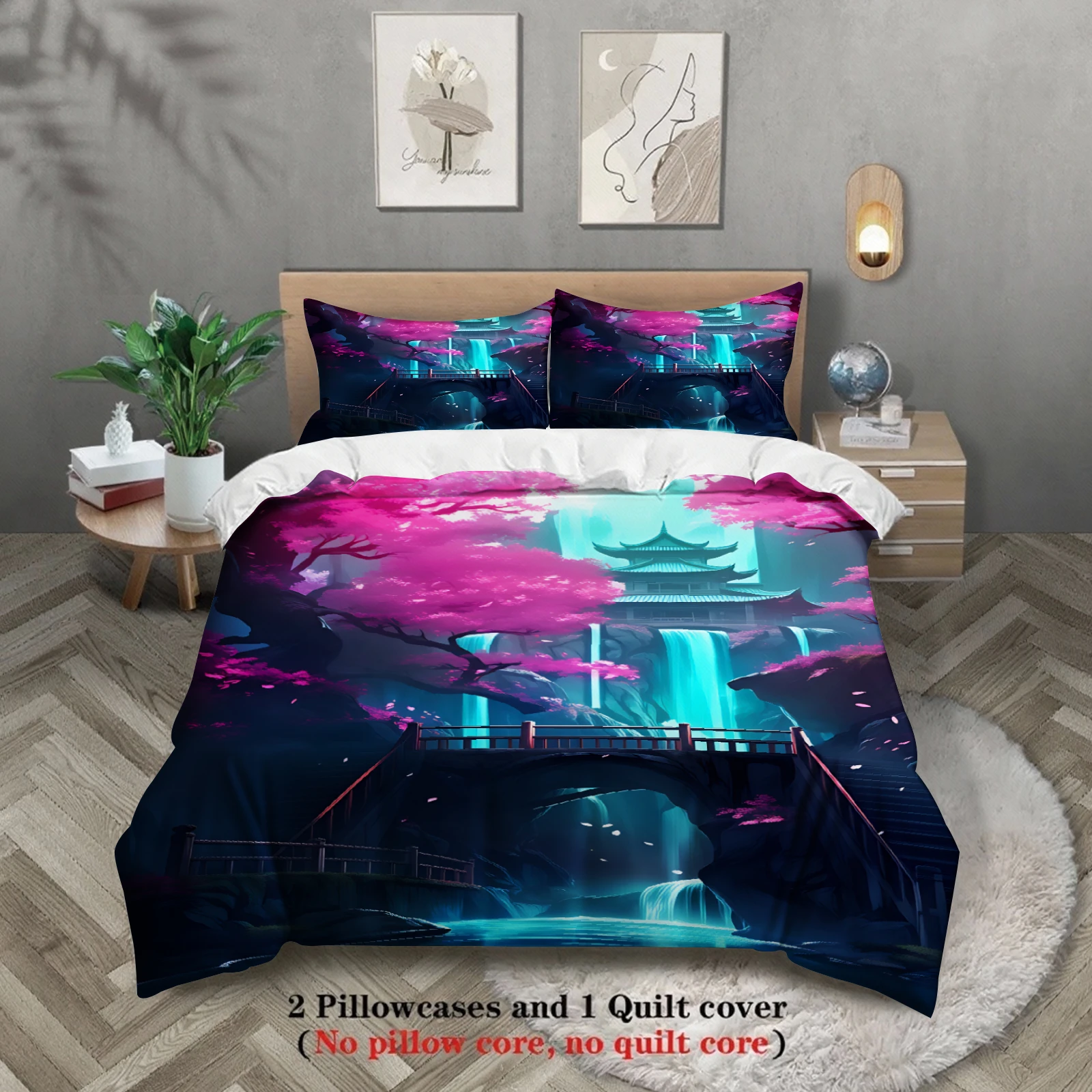 

Комплект постельного белья с принтом японских вишневых деревьев, водопадов и пагод, 3 предмета, с 2 наволочками, размер Queen