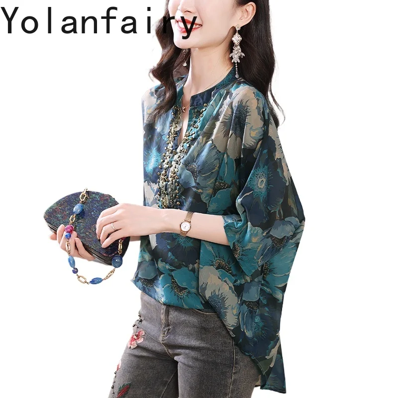 

YOLANFAIRY, новые модные рубашки с цветочным принтом, женские летние рубашки 2022, женские топы и блузки с вышивкой бисером, свободные женские рубашки с короткими рукавами